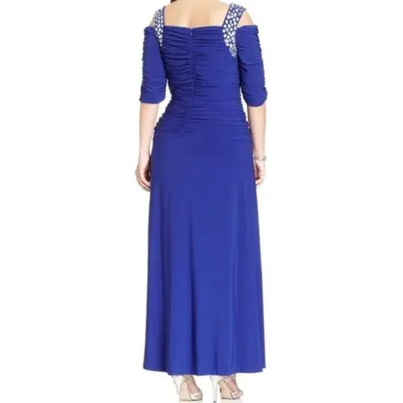 Alex Evenings Plus Size 14 Cobalt Blue Cold Shoulder Embellished Ruched Gown NWT - Picture 4 of 14